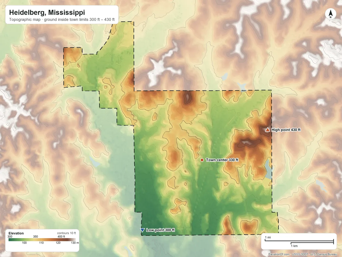 Topographic elevation map of Heidelberg, Mississippi, shaded from 300 ft on the southwest side to 430 ft on the northeast side