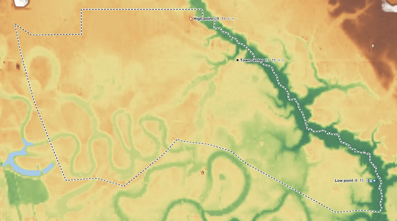Topographic elevation map of Helena, Mississippi, shaded from 0 ft on the southeast side to 20 ft on the northwest side