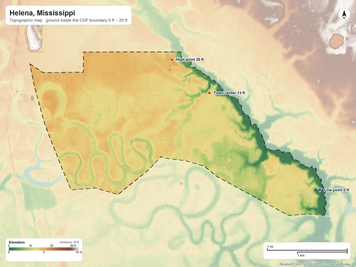 Topographic elevation map of Helena, Mississippi, shaded from 0 ft on the southeast side to 20 ft on the northwest side