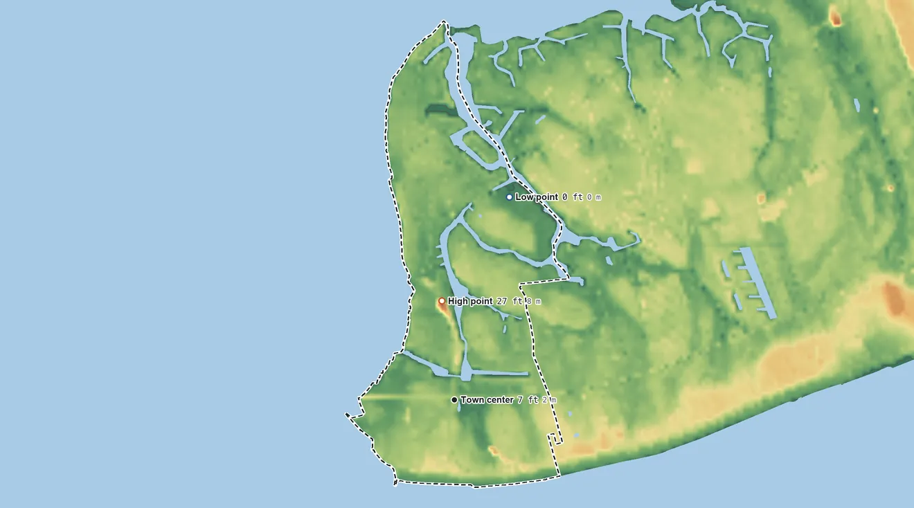 Topographic elevation map of Henderson Point, Mississippi, shaded from sea level level on St. Louis Bay to 27 ft on the north side
