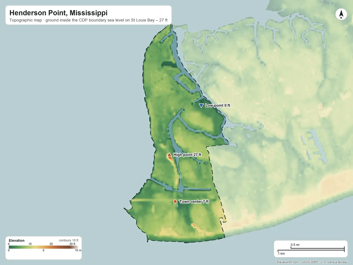 Topographic elevation map of Henderson Point, Mississippi, shaded from sea level level on St. Louis Bay to 27 ft on the north side