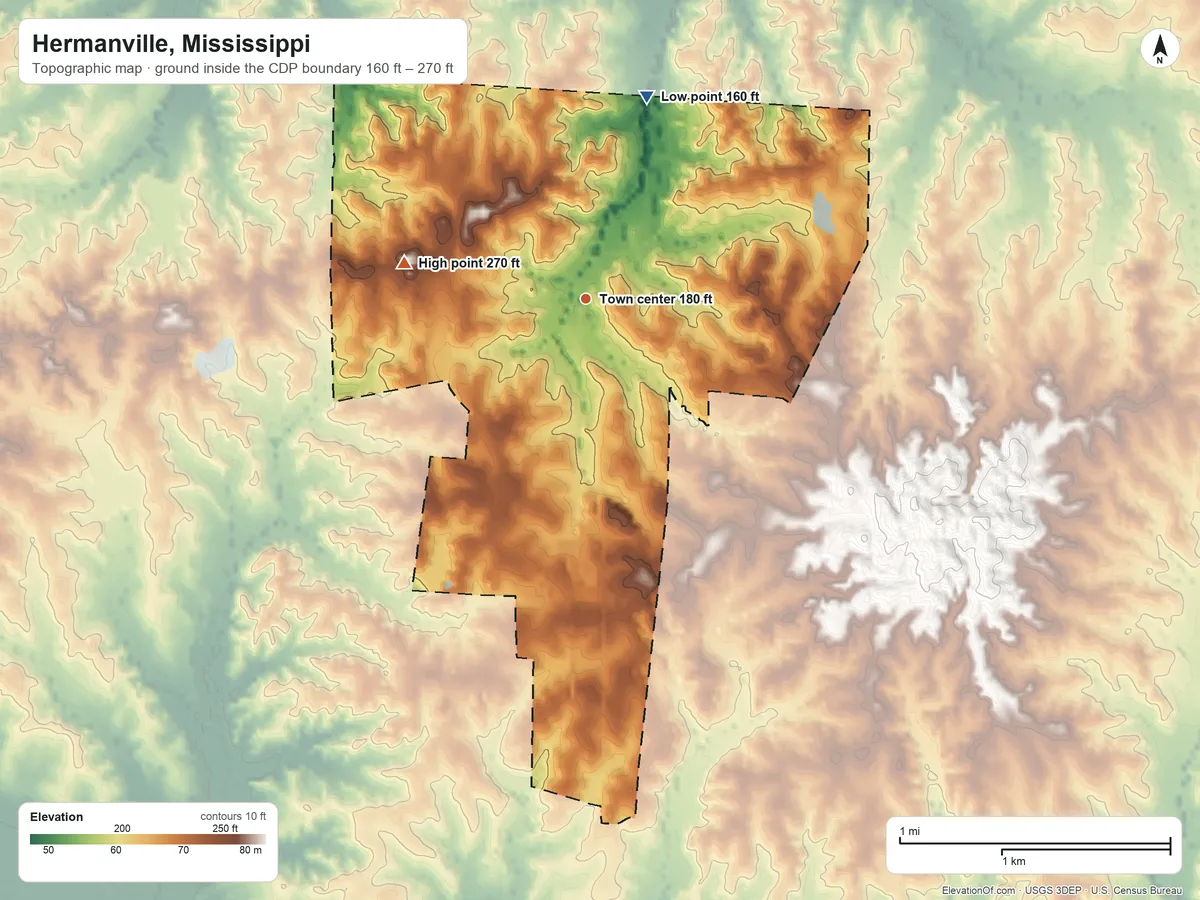 Topographic elevation map of Hermanville, Mississippi, shaded from 160 ft on the north side to 270 ft on the west side