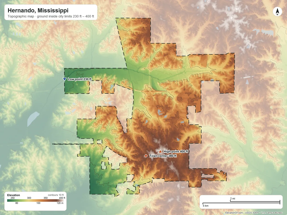 Topographic elevation map of Hernando, Mississippi, shaded from 230 ft on the northwest side to 400 ft near the middle