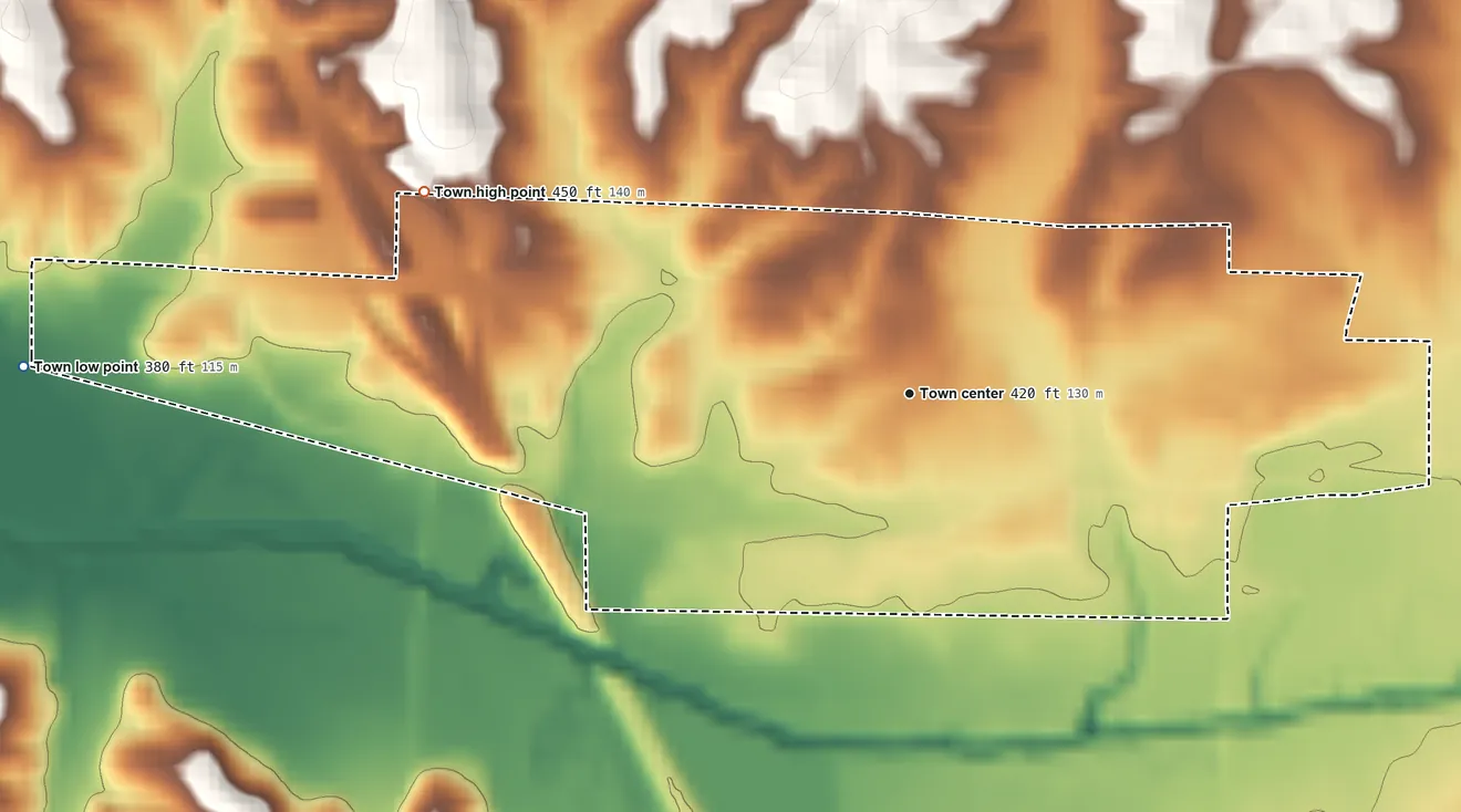 Topographic elevation map of Hickory Flat, Mississippi, shaded from 380 ft on the west side to 450 ft on the northwest side