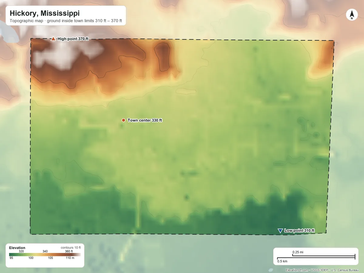 Topographic elevation map of Hickory, Mississippi, shaded from 310 ft on the southeast side to 370 ft on the northwest side