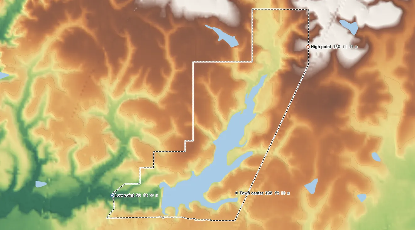 Topographic elevation map of Hide-A-Way Lake, Mississippi, shaded from 56 ft on the west side to 150 ft on the northeast side