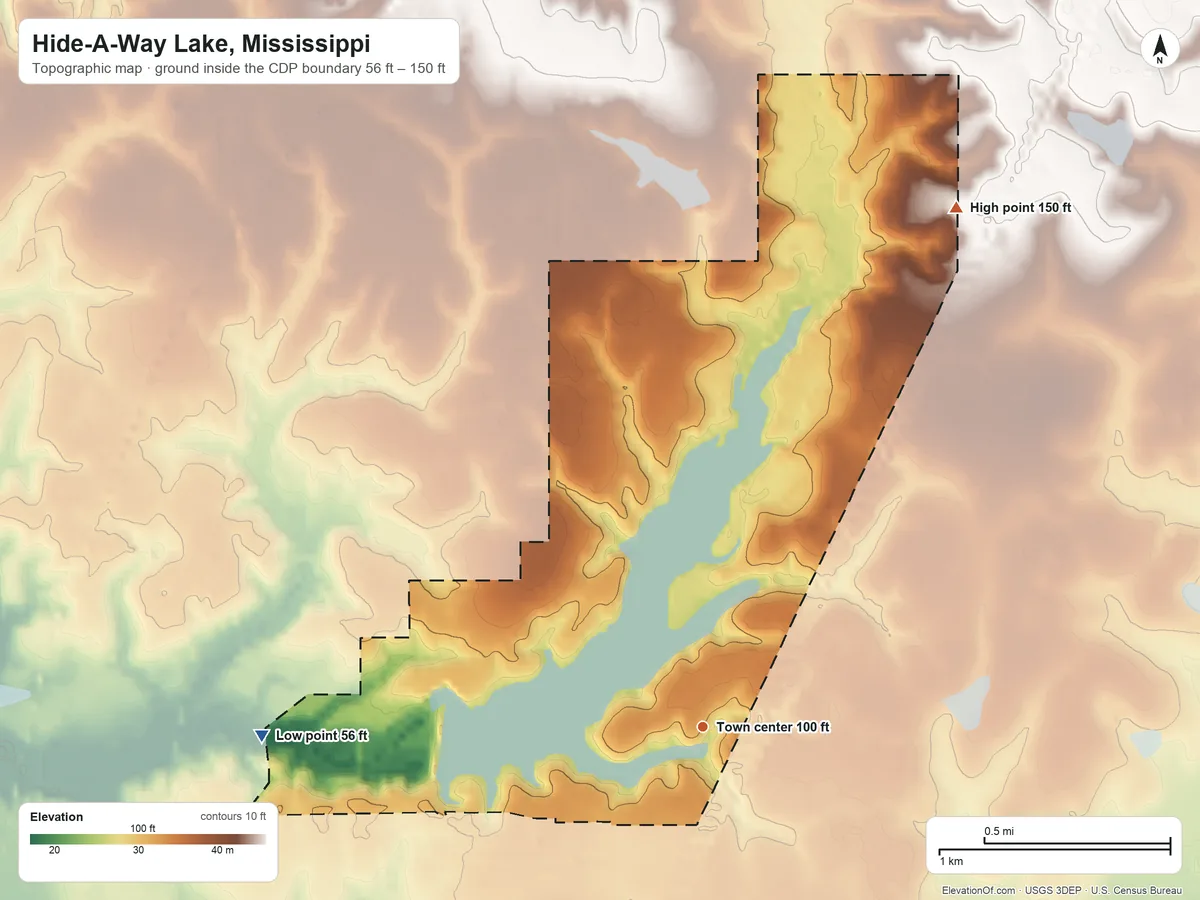Topographic elevation map of Hide-A-Way Lake, Mississippi, shaded from 56 ft on the west side to 150 ft on the northeast side