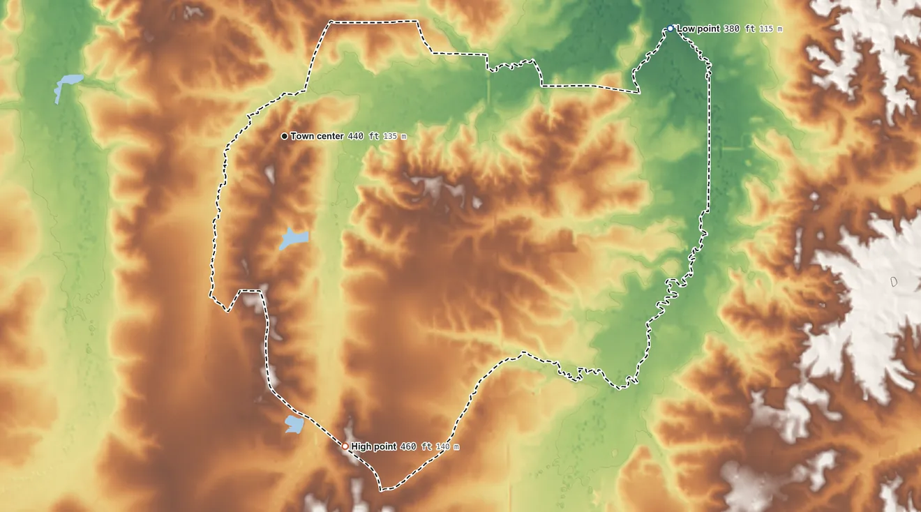 Topographic elevation map of Hillsboro, Mississippi, shaded from 380 ft on the east side to 460 ft on the south side