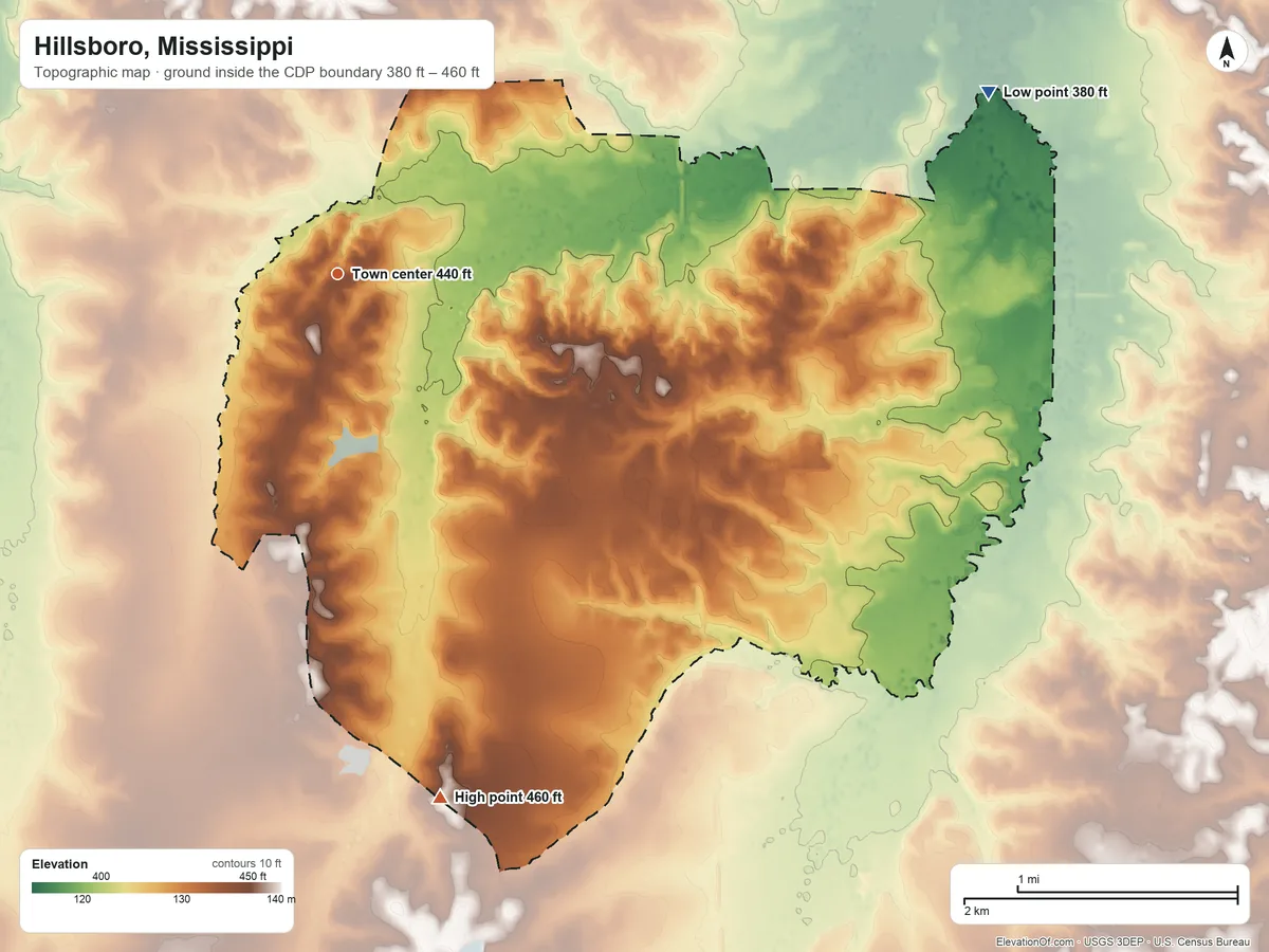 Topographic elevation map of Hillsboro, Mississippi, shaded from 380 ft on the east side to 460 ft on the south side
