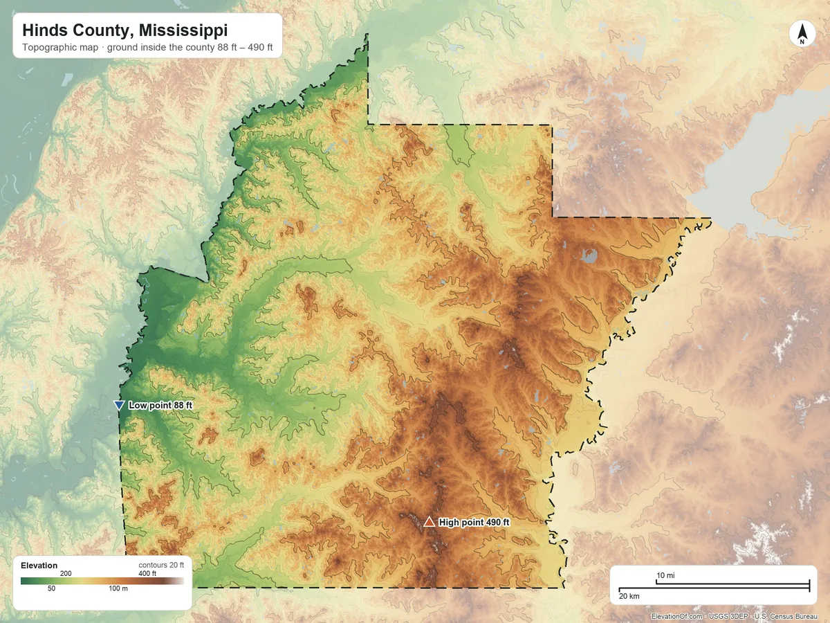 Topographic elevation map of Hinds County, Mississippi, shaded from 88 ft on the west side to 490 ft on the south side