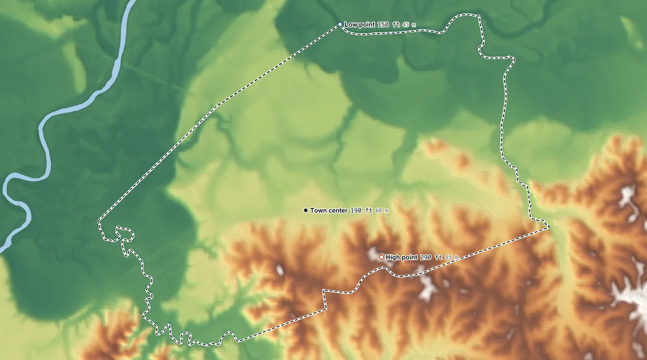 Topographic elevation map of Holcomb, Mississippi, shaded from 150 ft on the north side to 290 ft on the southeast side
