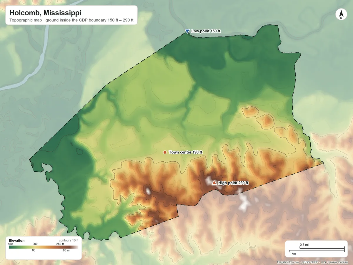 Topographic elevation map of Holcomb, Mississippi, shaded from 150 ft on the north side to 290 ft on the southeast side