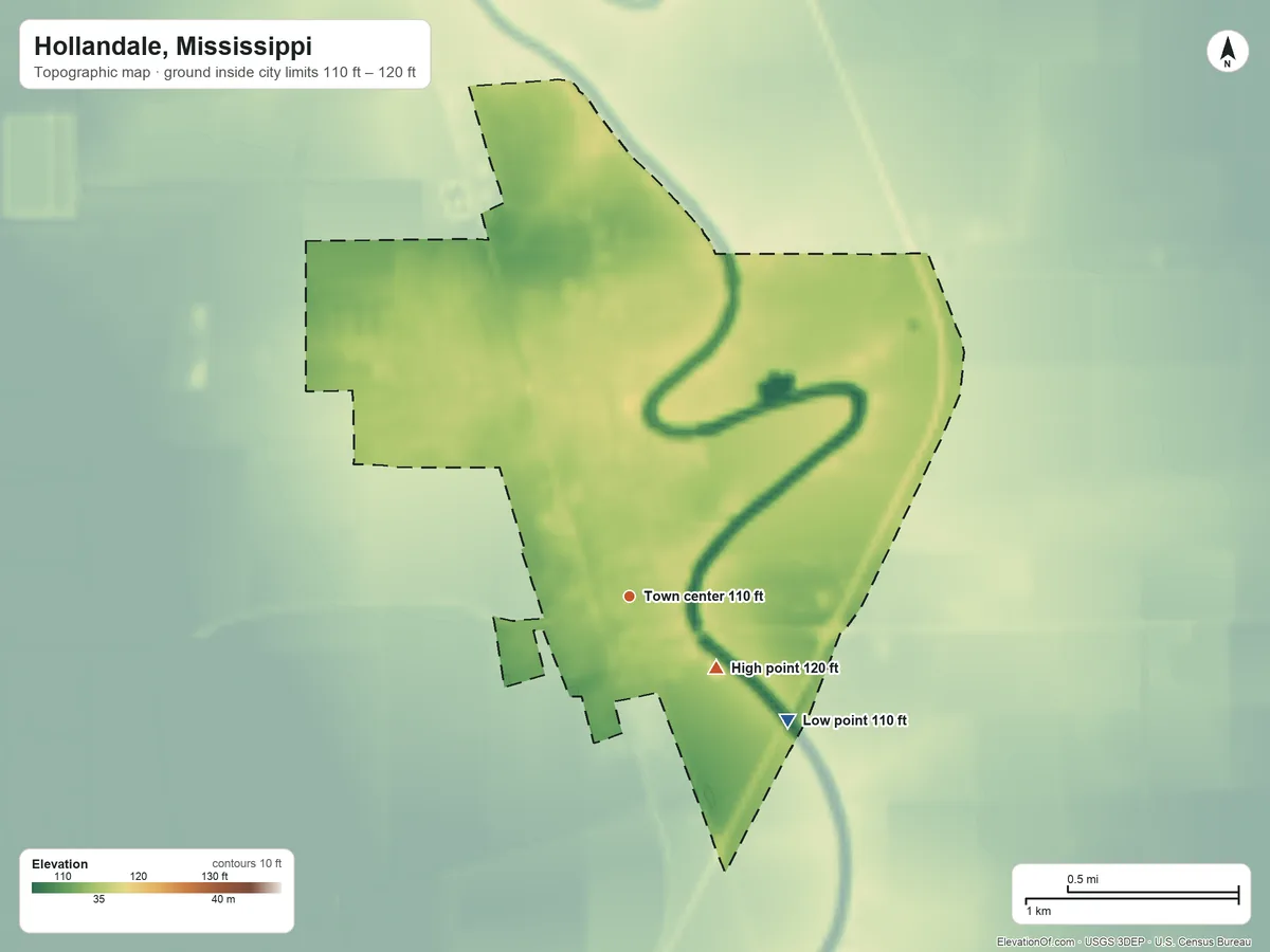 Topographic elevation map of Hollandale, Mississippi, shaded from 110 ft on the southeast side to 120 ft on the southeast side
