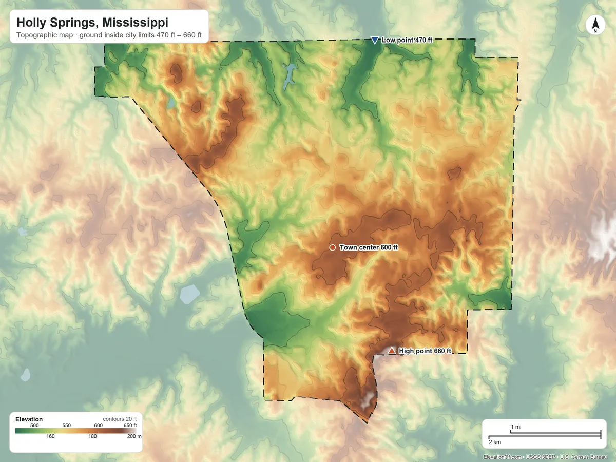 Topographic elevation map of Holly Springs, Mississippi, shaded from 470 ft on the north side to 660 ft on the southeast side