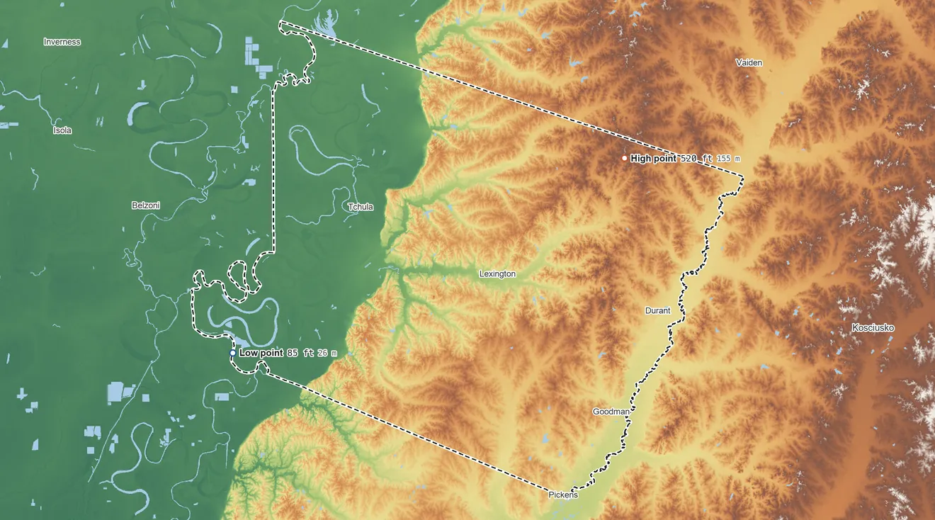 Topographic elevation map of Holmes County, Mississippi, shaded from 85 ft on the west side to 520 ft on the northeast side