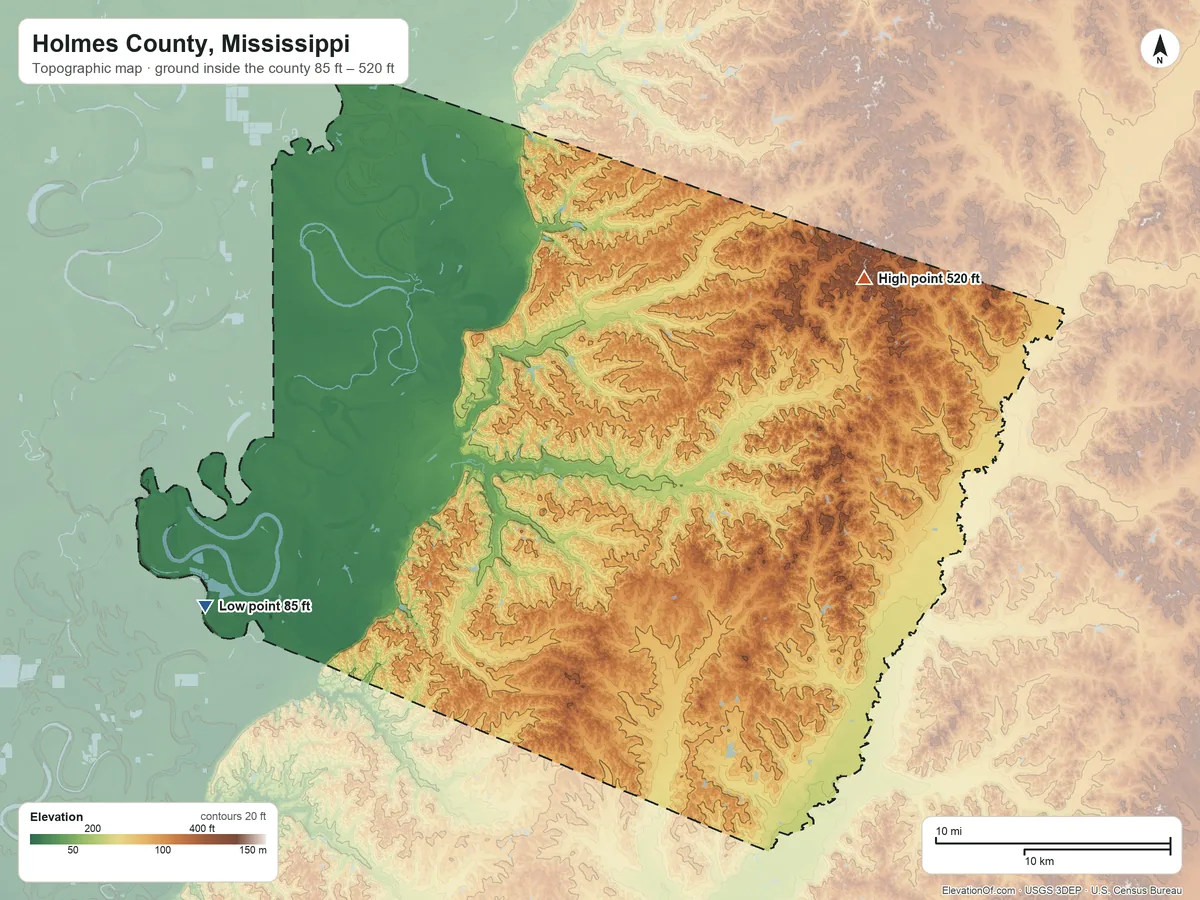 Topographic elevation map of Holmes County, Mississippi, shaded from 85 ft on the west side to 520 ft on the northeast side