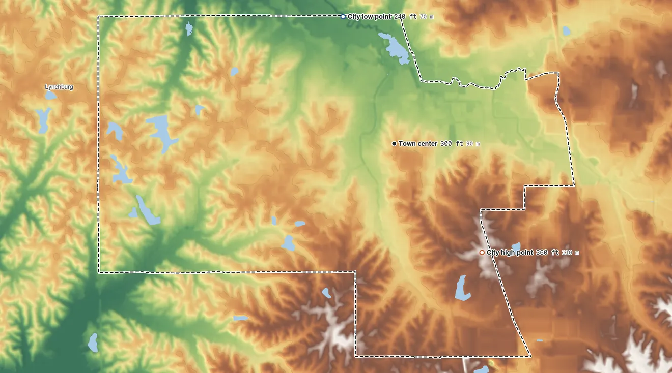 Topographic elevation map of Horn Lake, Mississippi, shaded from 240 ft on the north side to 360 ft on the southeast side