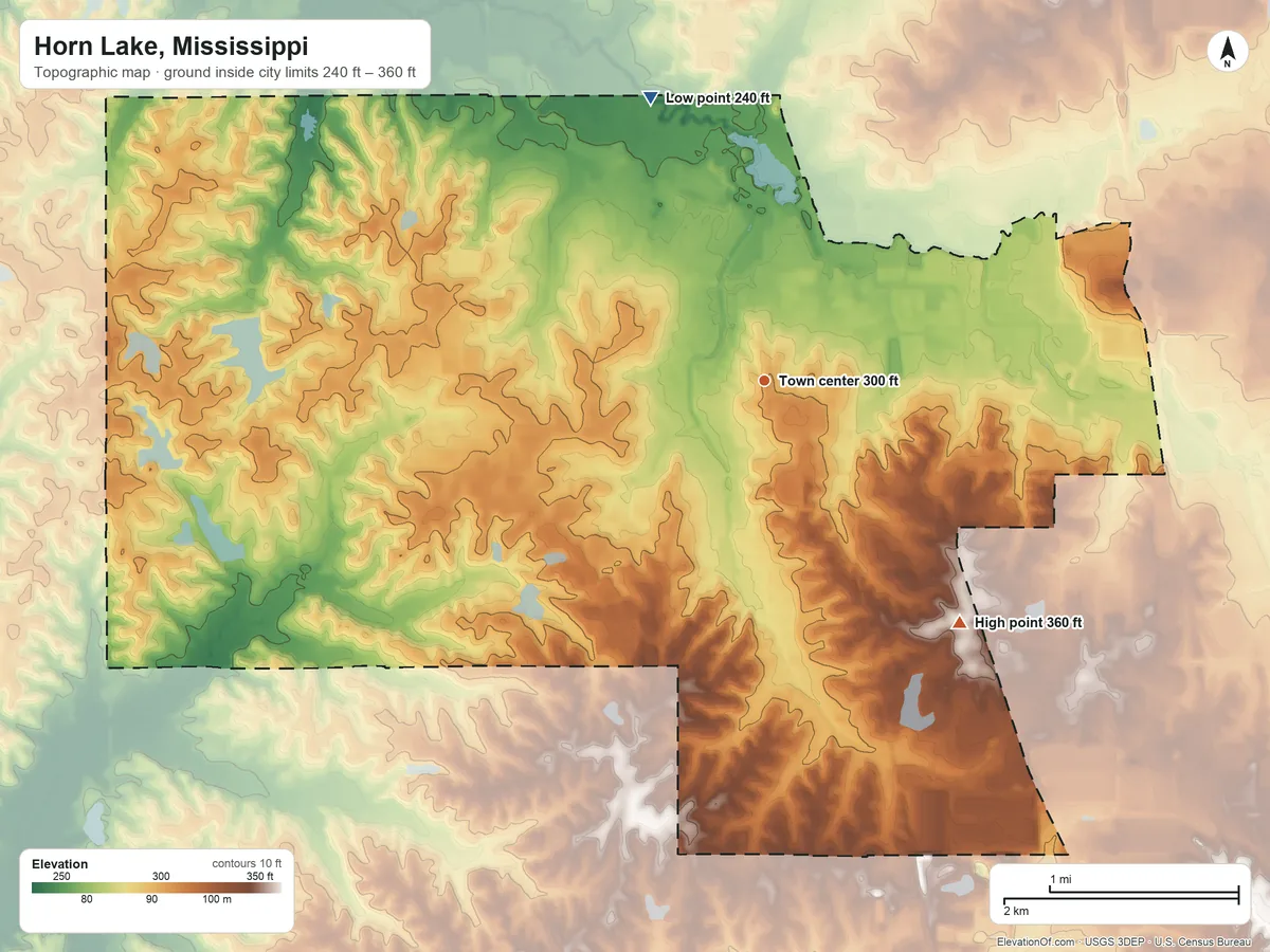 Topographic elevation map of Horn Lake, Mississippi, shaded from 240 ft on the north side to 360 ft on the southeast side