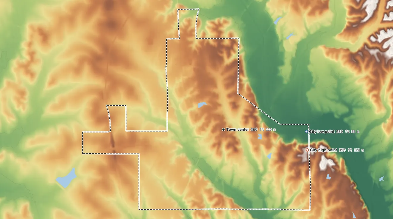 Topographic elevation map of Houston, Mississippi, shaded from 280 ft on the east side to 390 ft on the east side