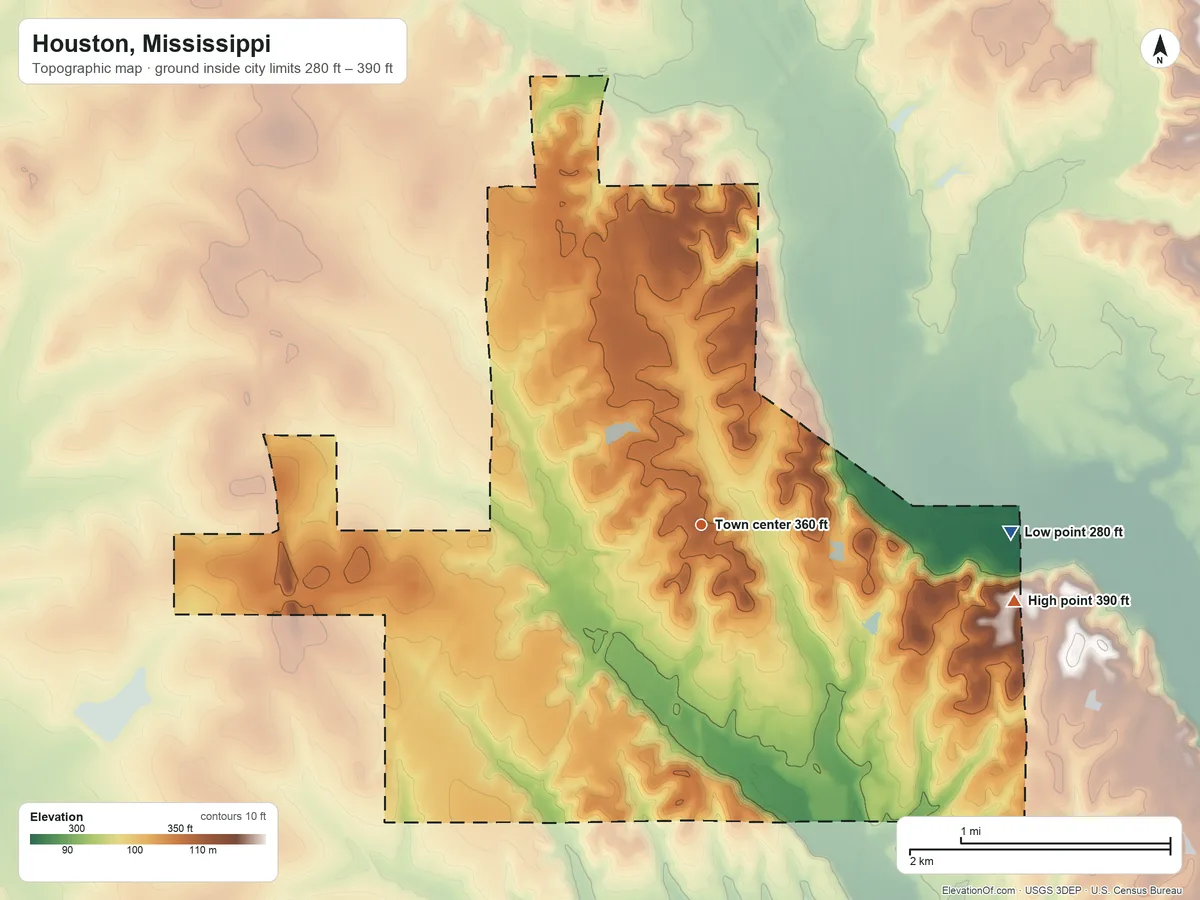 Topographic elevation map of Houston, Mississippi, shaded from 280 ft on the east side to 390 ft on the east side