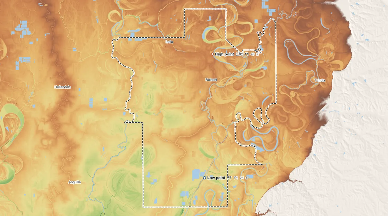 Topographic elevation map of Humphreys County, Mississippi, shaded from 77 ft on the south side to 130 ft on the north side