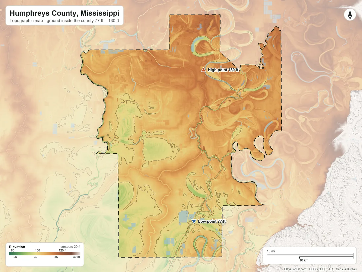 Topographic elevation map of Humphreys County, Mississippi, shaded from 77 ft on the south side to 130 ft on the north side