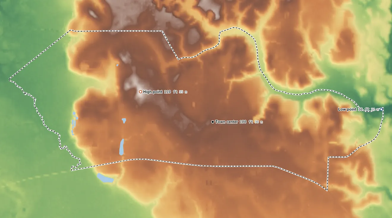 Topographic elevation map of Hurley, Mississippi, shaded from 36 ft on the east side to 110 ft on the northwest side