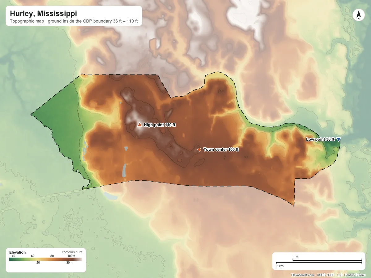 Topographic elevation map of Hurley, Mississippi, shaded from 36 ft on the east side to 110 ft on the northwest side