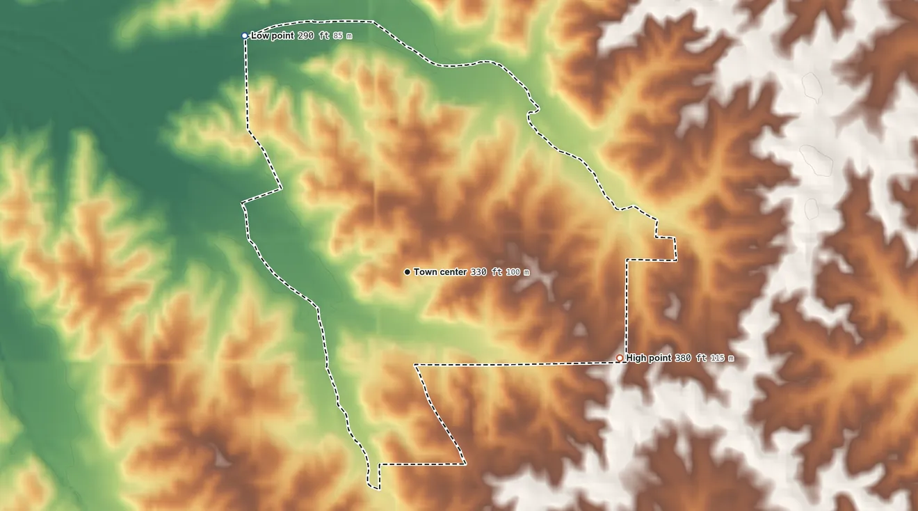 Topographic elevation map of Independence, Mississippi, shaded from 290 ft on the northwest side to 380 ft on the east side