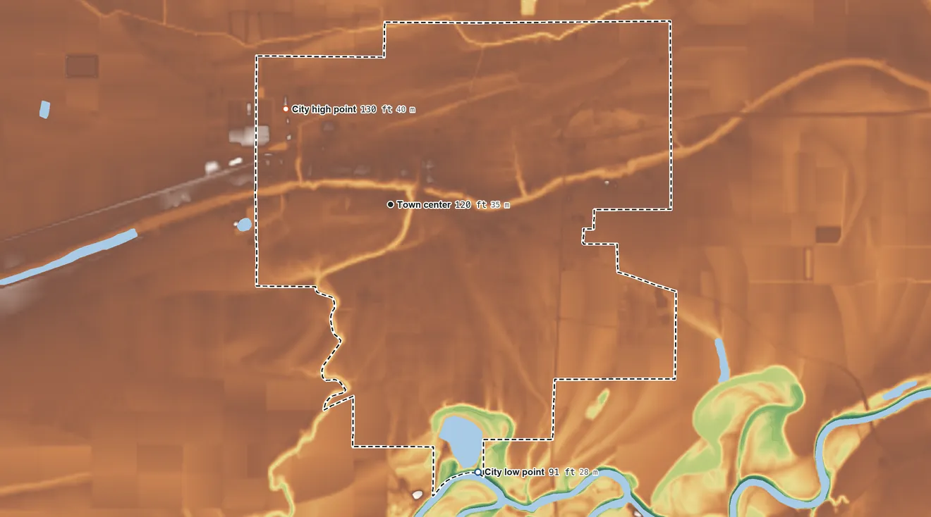 Topographic elevation map of Indianola, Mississippi, shaded from 91 ft on the south side to 130 ft on the northwest side