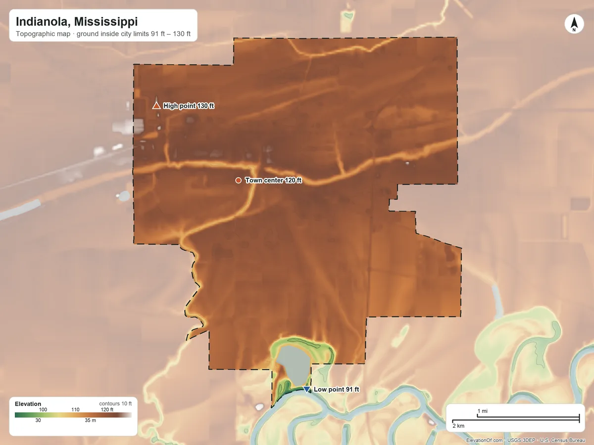 Topographic elevation map of Indianola, Mississippi, shaded from 91 ft on the south side to 130 ft on the northwest side