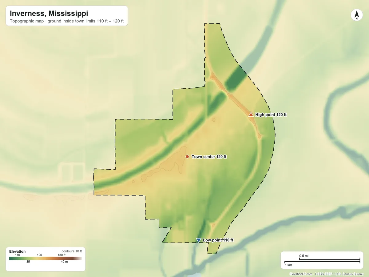 Topographic elevation map of Inverness, Mississippi, shaded from 110 ft on the south side to 120 ft on the northeast side