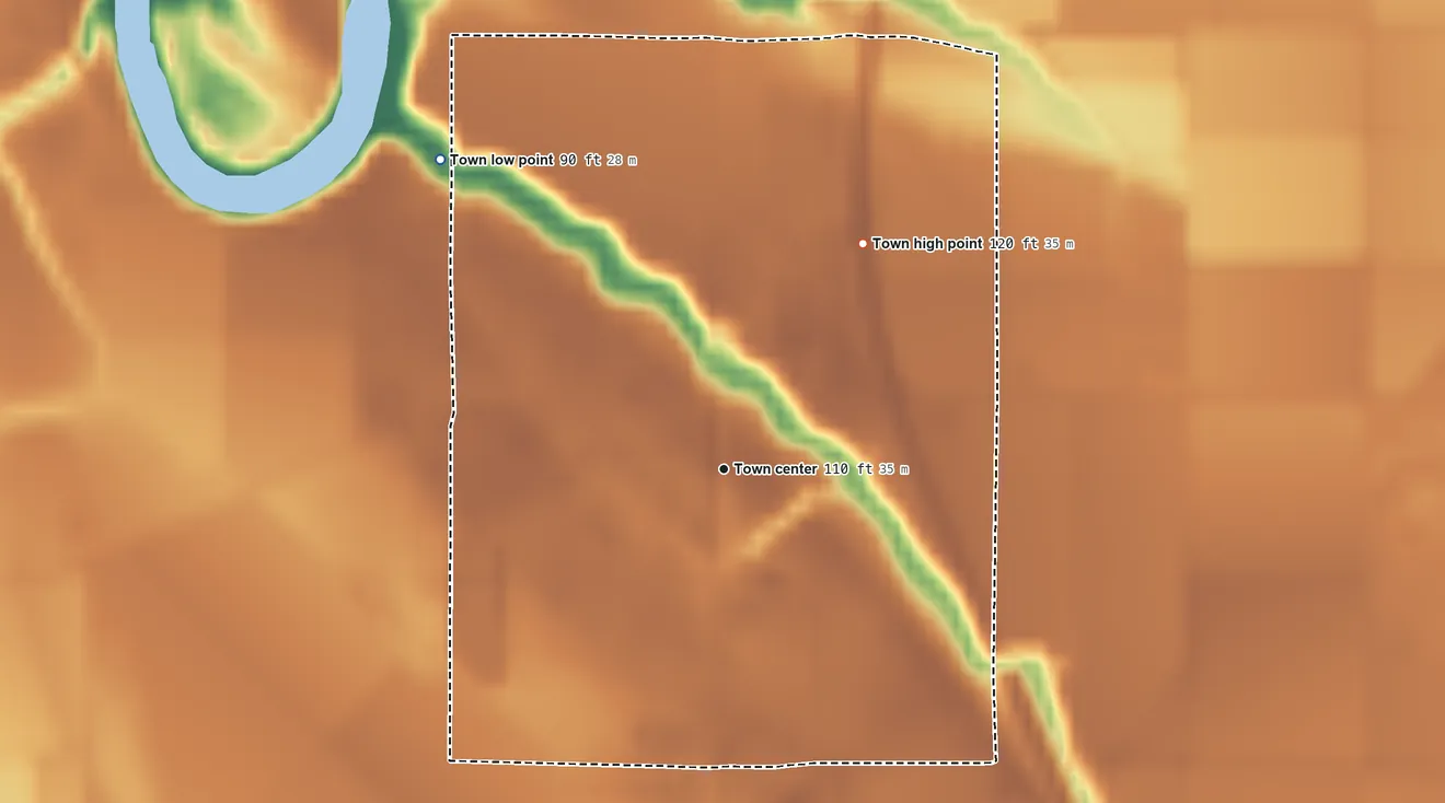 Topographic elevation map of Isola, Mississippi, shaded from 90 ft on the northwest side to 120 ft on the northeast side