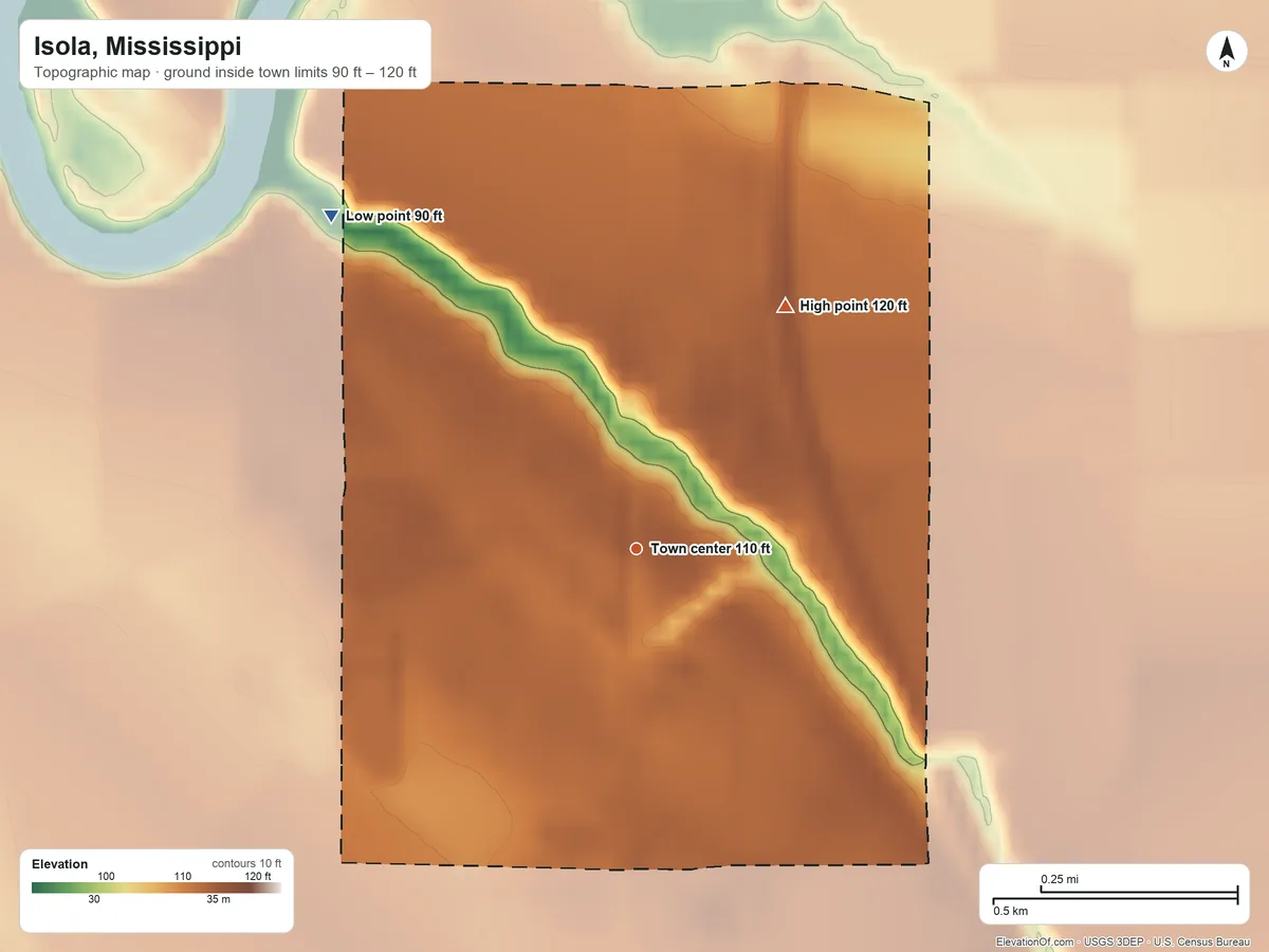 Topographic elevation map of Isola, Mississippi, shaded from 90 ft on the northwest side to 120 ft on the northeast side