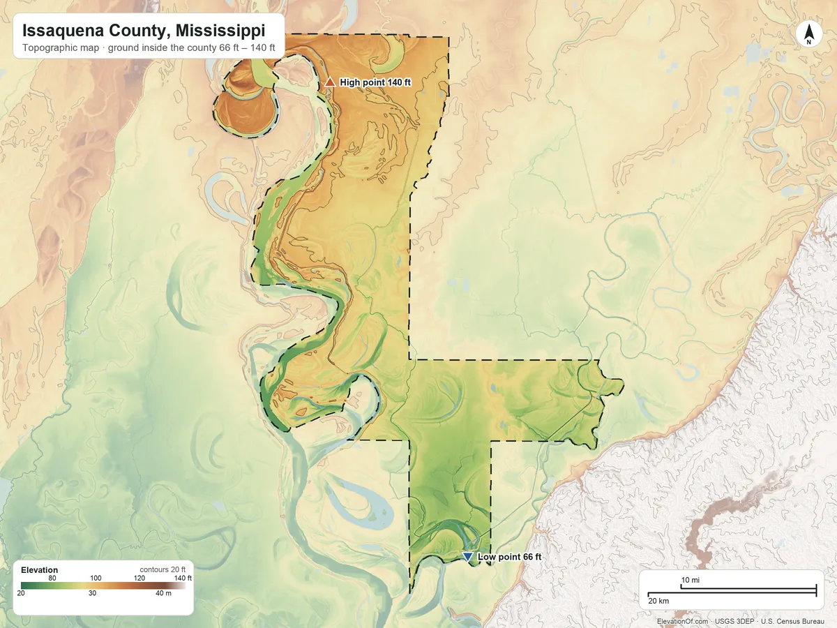 Topographic elevation map of Issaquena County, Mississippi, shaded from 66 ft on the south side to 140 ft on the north side