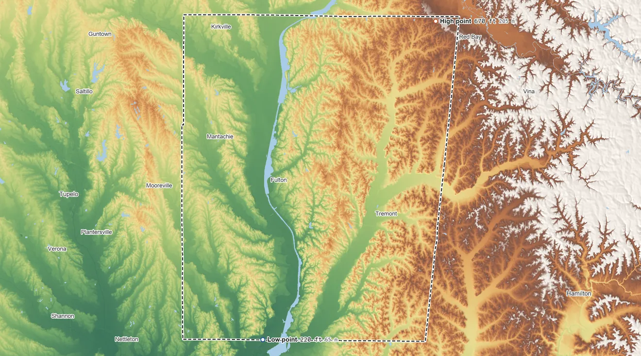 Topographic elevation map of Itawamba County, Mississippi, shaded from 220 ft on the south side to 670 ft on the northeast side