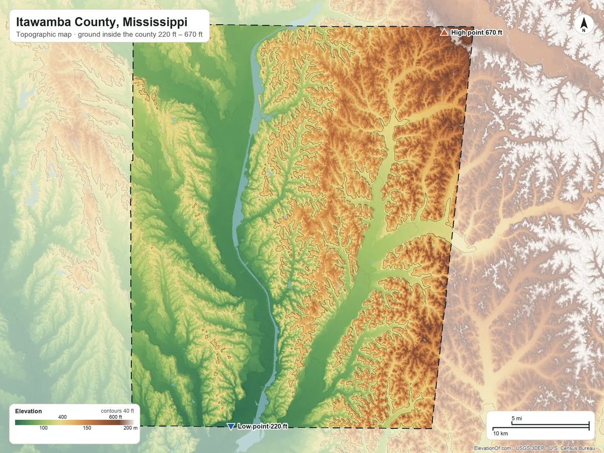 Topographic elevation map of Itawamba County, Mississippi, shaded from 220 ft on the south side to 670 ft on the northeast side