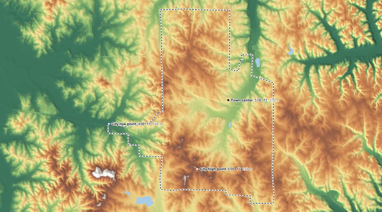 Topographic elevation map of Iuka, Mississippi, shaded from 490 ft on the west side to 690 ft on the southwest side