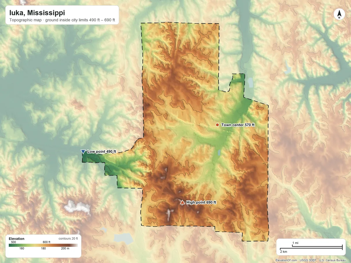 Topographic elevation map of Iuka, Mississippi, shaded from 490 ft on the west side to 690 ft on the southwest side