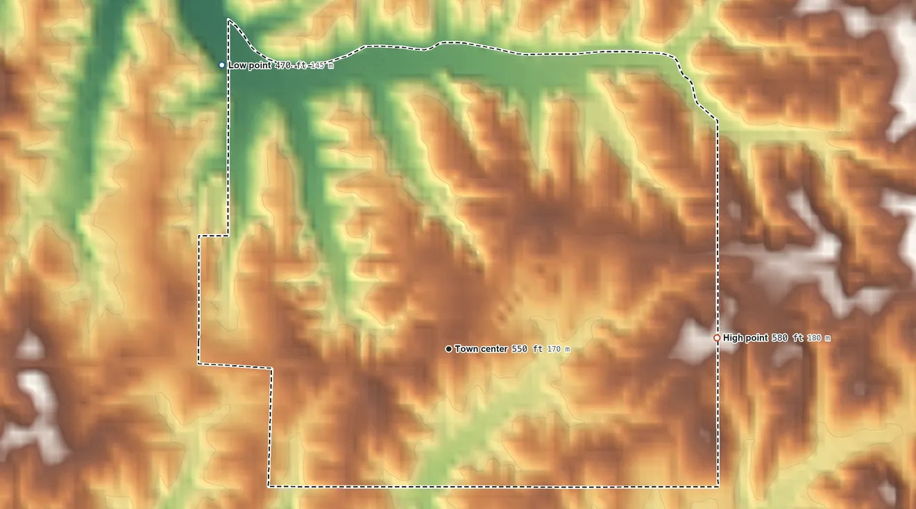 Topographic elevation map of Jacinto, Mississippi, shaded from 470 ft on the northwest side to 580 ft on the east side