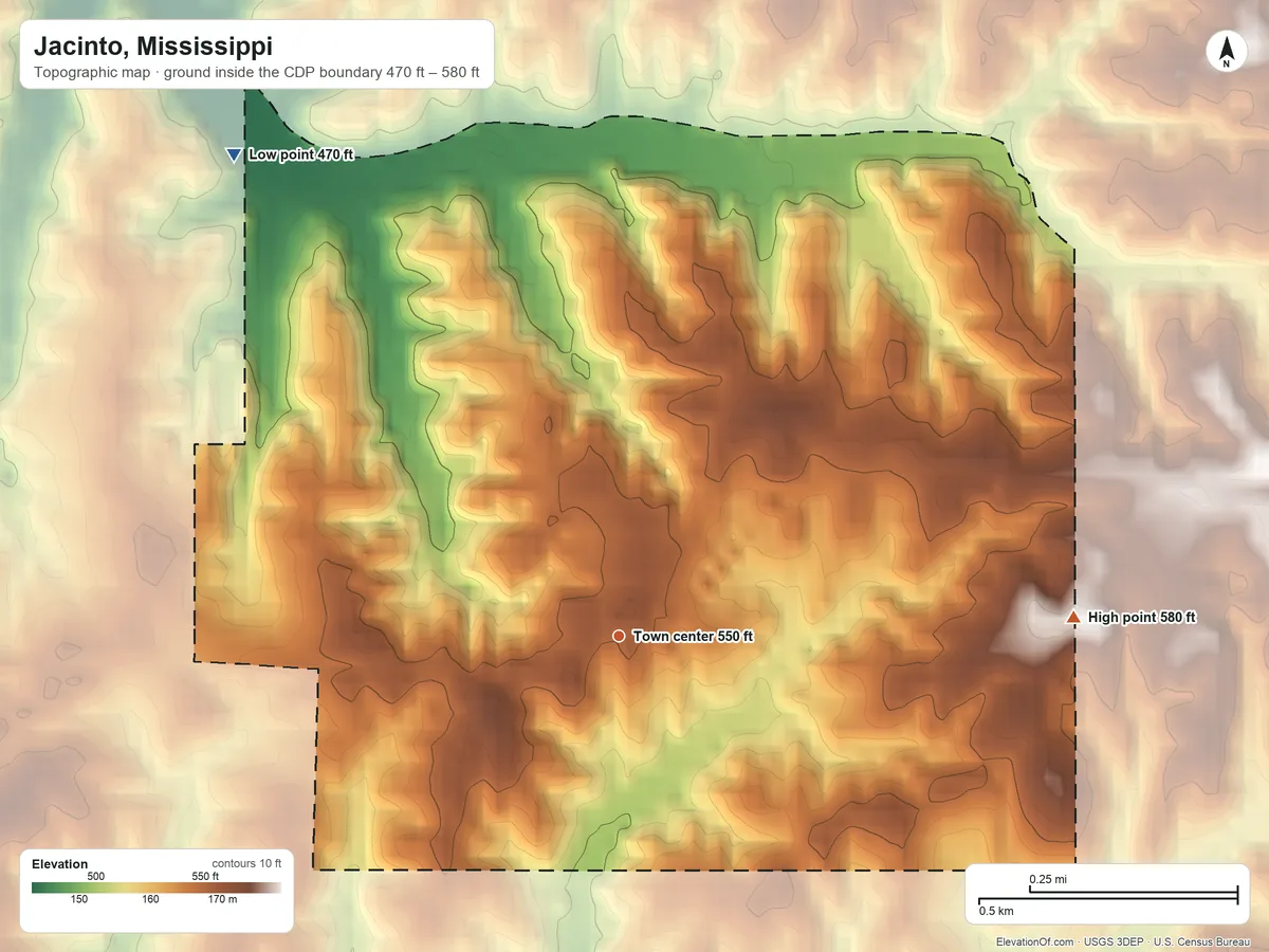 Topographic elevation map of Jacinto, Mississippi, shaded from 470 ft on the northwest side to 580 ft on the east side