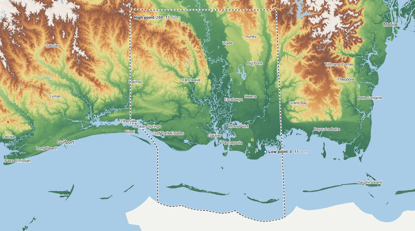 Topographic elevation map of Jackson County, Mississippi, shaded from sea level on Mississippi Sound to 200 ft on the northwest side