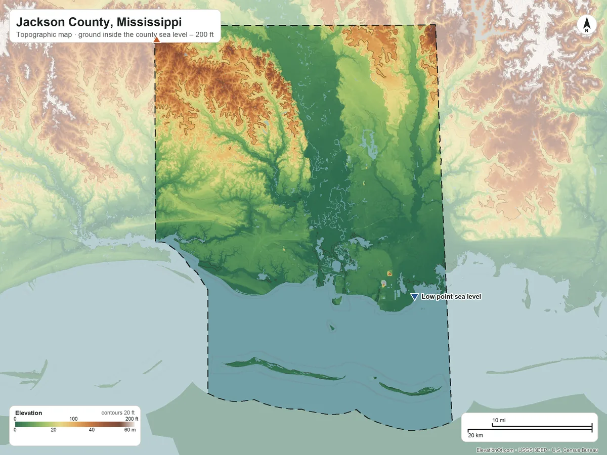 Topographic elevation map of Jackson County, Mississippi, shaded from sea level on Mississippi Sound to 200 ft on the northwest side