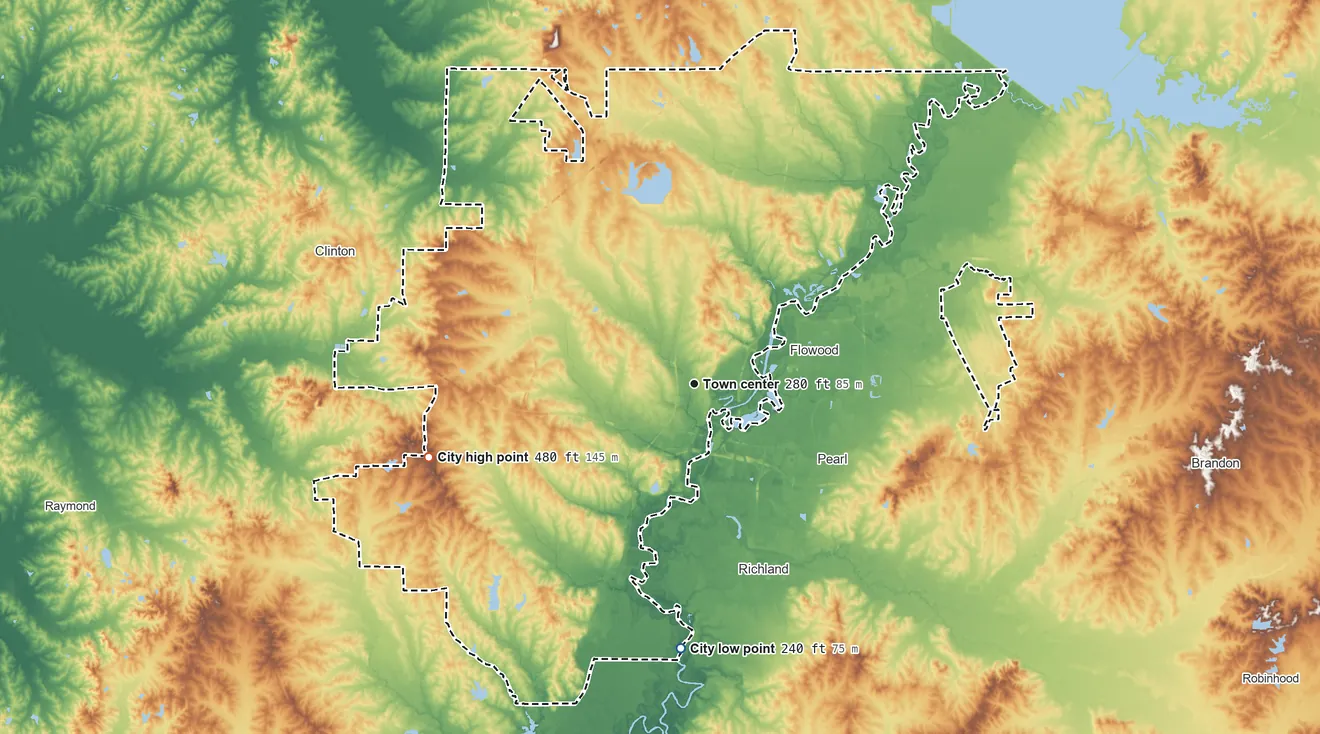 Topographic elevation map of Jackson, Mississippi, shaded from 240 ft on the south side to 480 ft on the west side