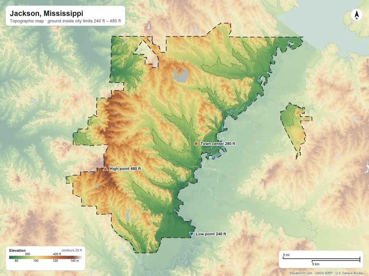 Topographic elevation map of Jackson, Mississippi, shaded from 240 ft on the south side to 480 ft on the west side