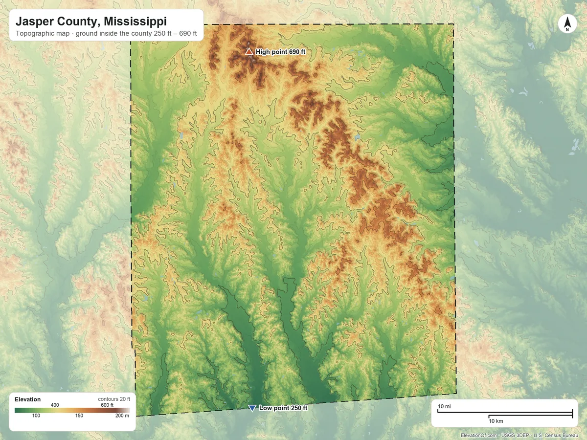 Topographic elevation map of Jasper County, Mississippi, shaded from 250 ft on the south side to 690 ft on the north side