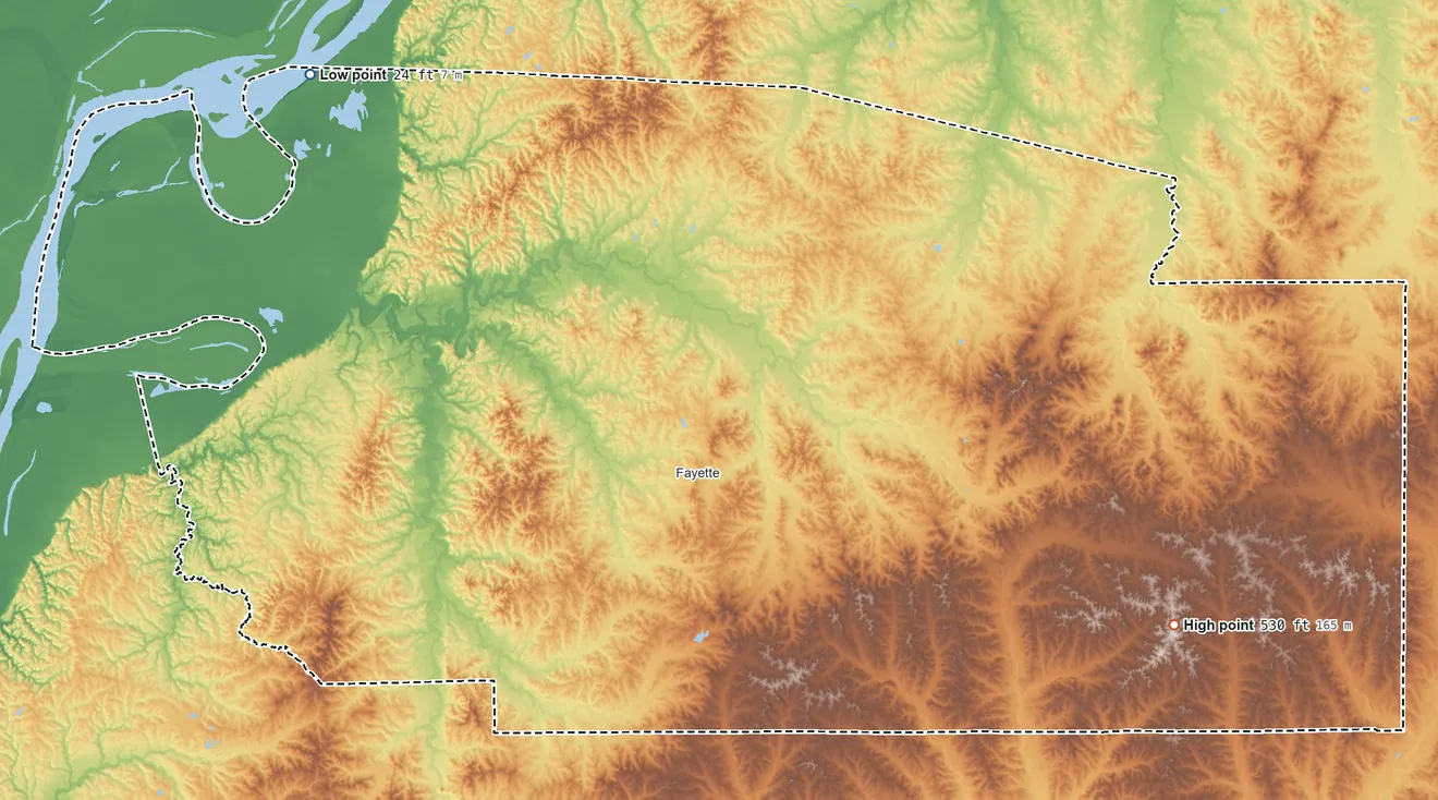 Topographic elevation map of Jefferson County, Mississippi, shaded from 24 ft on the northwest side to 530 ft on the southeast side