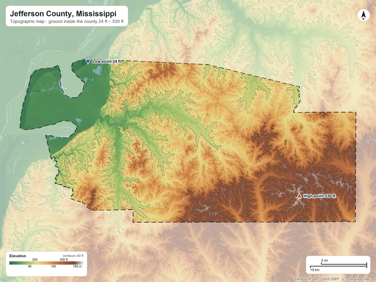 Topographic elevation map of Jefferson County, Mississippi, shaded from 24 ft on the northwest side to 530 ft on the southeast side