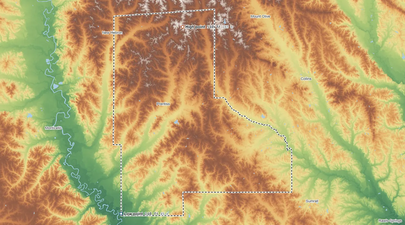 Topographic elevation map of Jefferson Davis County, Mississippi, shaded from 140 ft on the southwest side to 540 ft on the north side