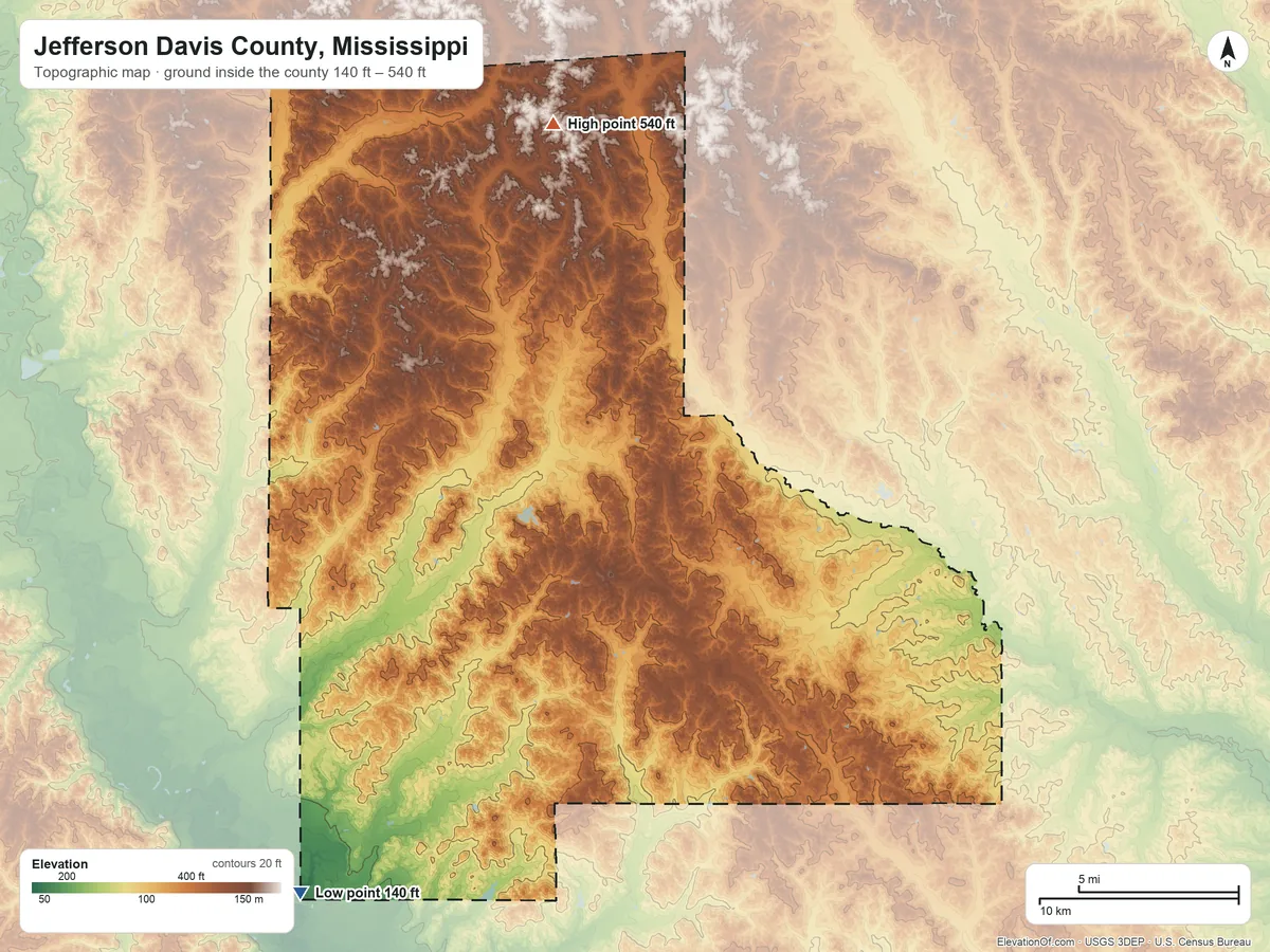 Topographic elevation map of Jefferson Davis County, Mississippi, shaded from 140 ft on the southwest side to 540 ft on the north side